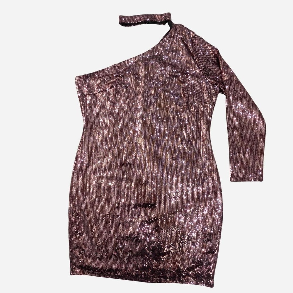 Burgundy Metallic One-Shoulder Plus Size Dress - Size 2X